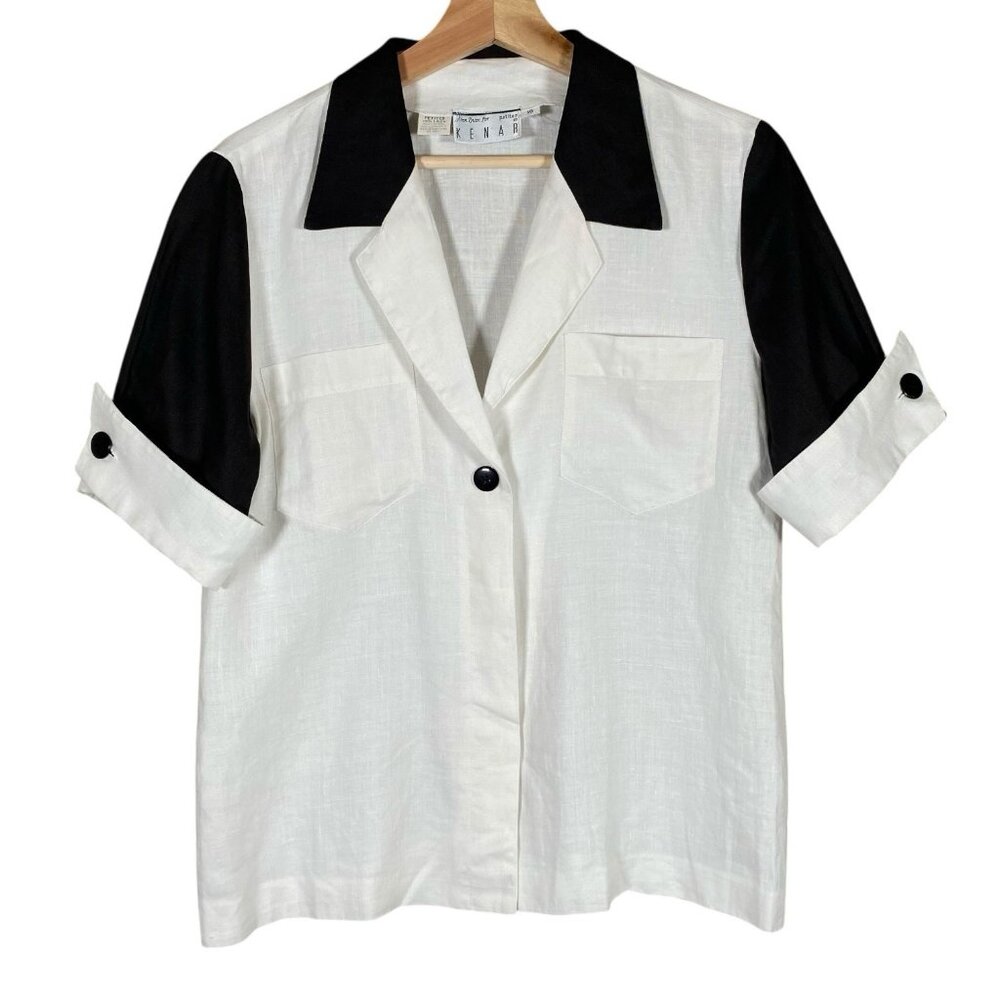 VTG Ann Tjian Kenar 100% Linen Shirt 10P Black White Bowling Retro Colorblock